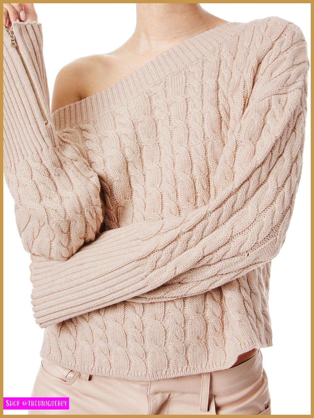 Alice + Olivia Ina Almond Light Brown Wool Cable Knit Zip Cuff Pullover Sweater